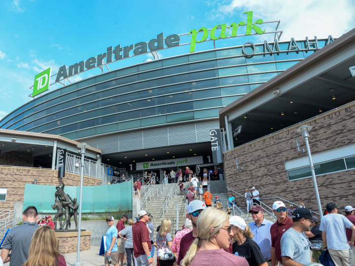 Jun 28, 2021; Omaha, Nebraska, USA; Fans line up to enter the stadium before the game between the Vanderbilt Commodores and the Mississippi St. Bulldogs at TD Ameritrade Park.